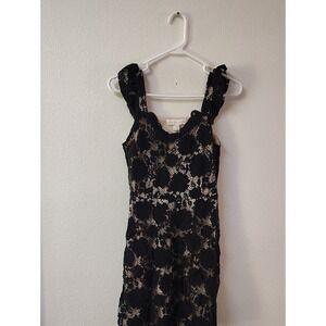 Monteau Los Angeles Black Floral Lace Ruffle Strap Cocktail Dress Nude Lining S